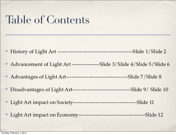 example table of contents for a powerpoint presentation