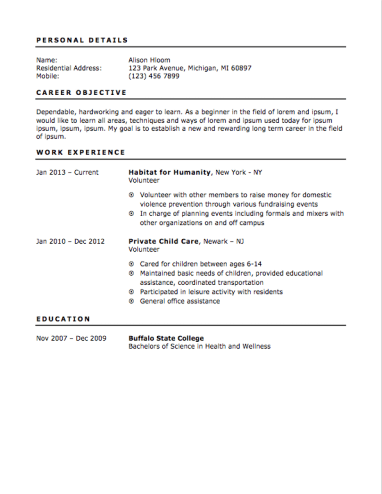 example of a teenage career objective resume