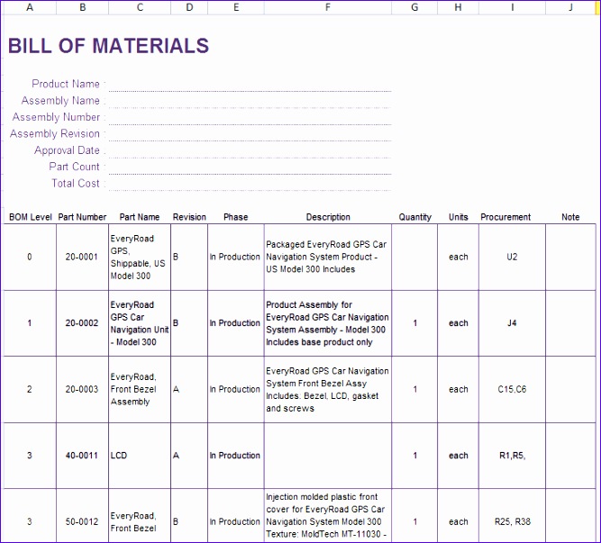 bill of material example excel