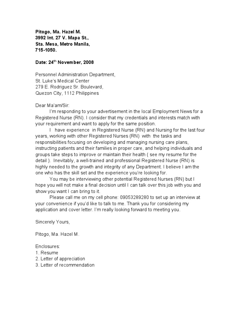 example of cover letter for nursing job application