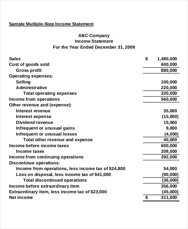 multi step income statement example