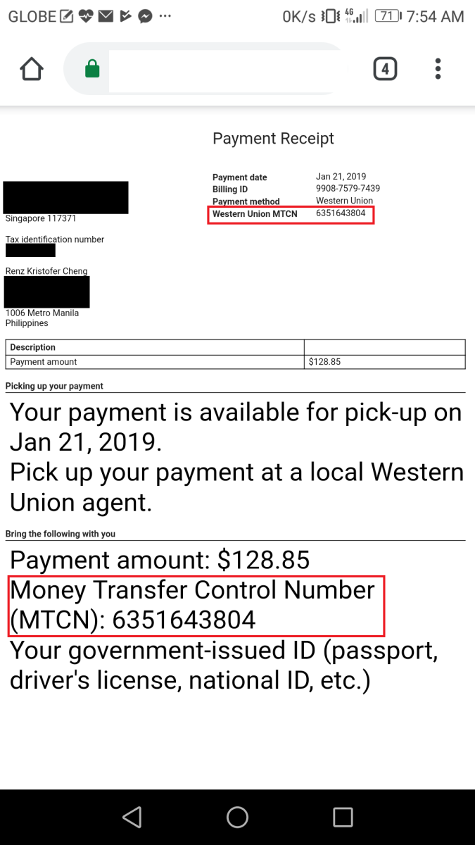 western union transfer number example